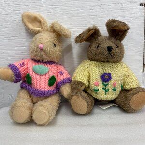 1988 Chrisha Playful Plush Jointed Bunnies in Knit Sweaters - Set of 2